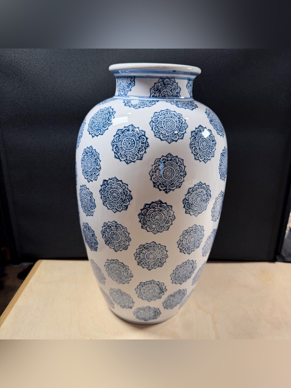 Home Essentials Tall Floor Vase Blue & White Vase With Medallions 16.5” H